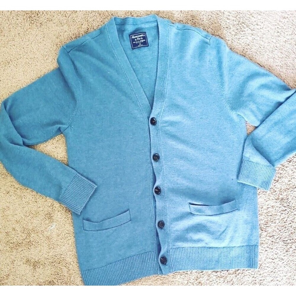 Abercrombie & Fitch Men's Buttoned Down Cardigan Medium Blue Wool Linen Sweater
